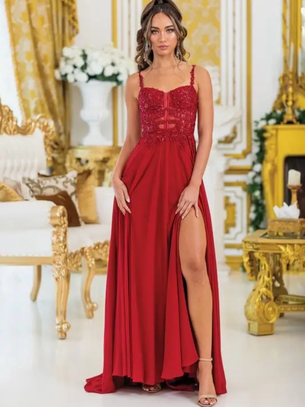 Dancing Queen Red Beaded Bodice Prom Dress